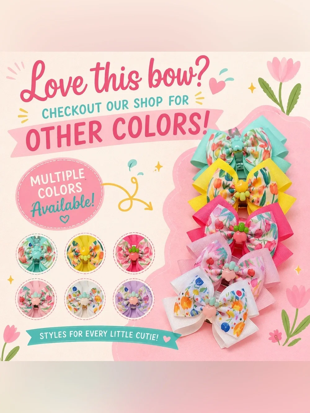 Girls Multicolor Floral Tulip Hair Bow Large Grosgrain Ribbon Alligator Clip